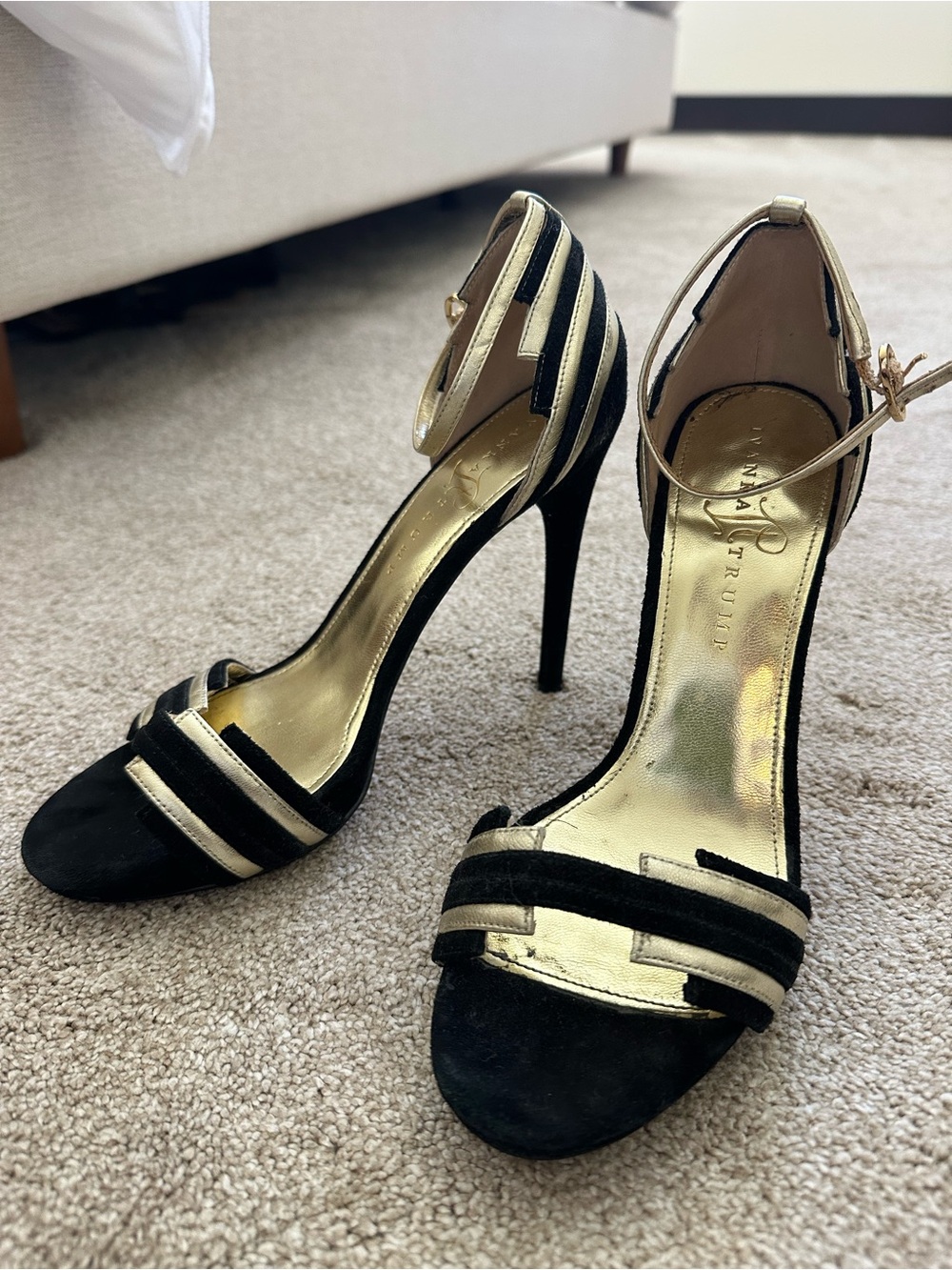 Ivanka Trump Black and Gold Suede Ankle-Strap Heels